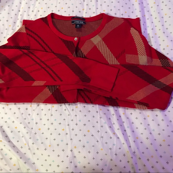Land’s End Red Patterned Supima Cotton Cardigan - Picture 6 of 8